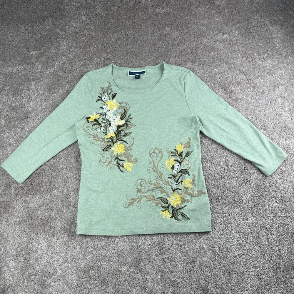 Karen Scott Sage Green Floral Embroidered 3/4 Sleeve Top Size Petite M Fairy